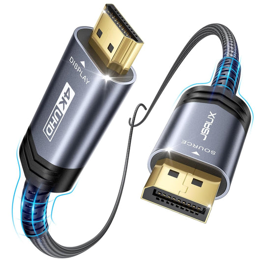 Displayport to HDMI Cable 10FT,  DP to HDMI Male to Male Video Cable FHD Nylon Braided DP to HDTV Unidirectional Cord for Dell, Monitor, Projector, Desktop, AMD, NVIDIA, Lenovo, Hp,Thinkpad-Grey